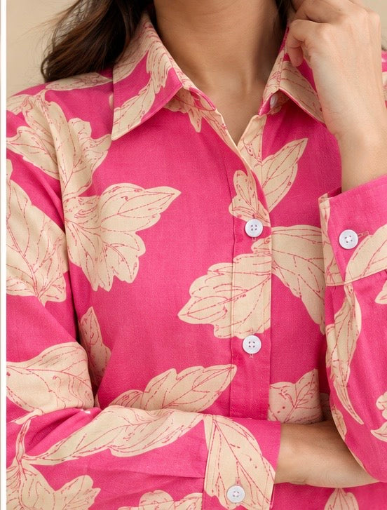 Hot pink floral print full sleeves shirt