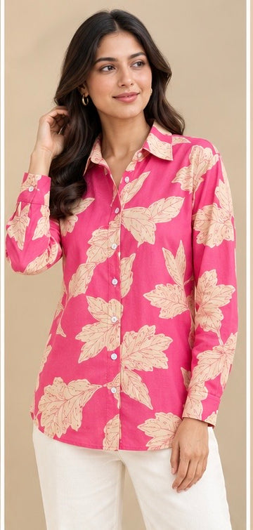 Hot pink floral print full sleeves shirt