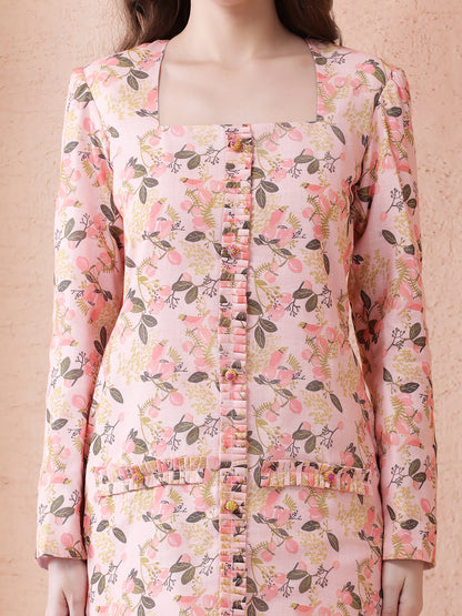 classy floral printed linen dress in light pink colour
