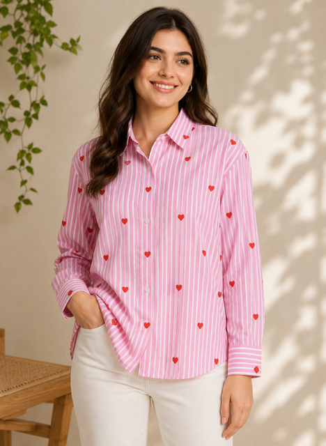 Women pink striped heart print shirt