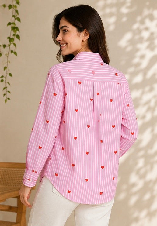 Women pink striped heart print shirt