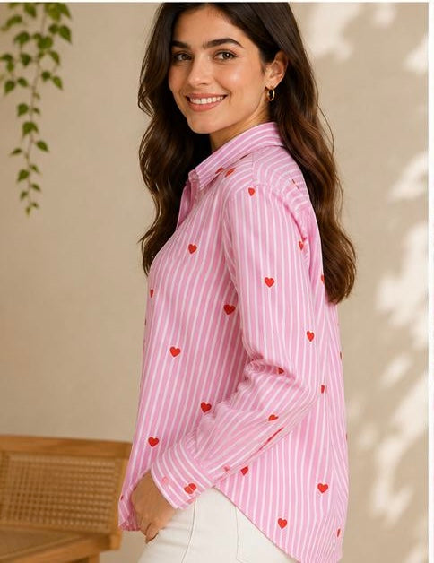 Women pink striped heart print shirt