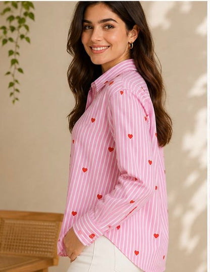 Women pink striped heart print shirt